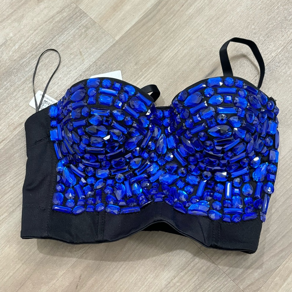 Blue & black bedazzled bralettes